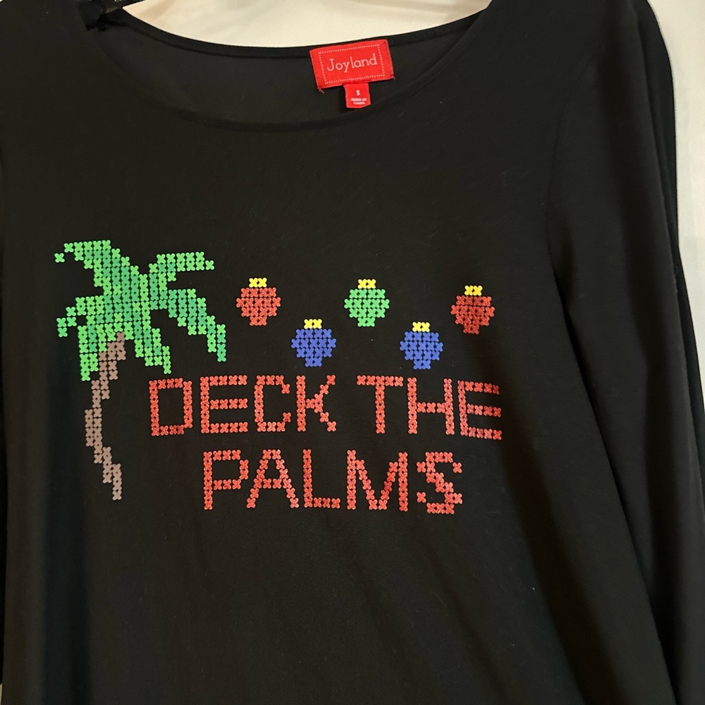 Black Long sleeve Christmas blouse tropical palm tree .Deck the Palms. Small